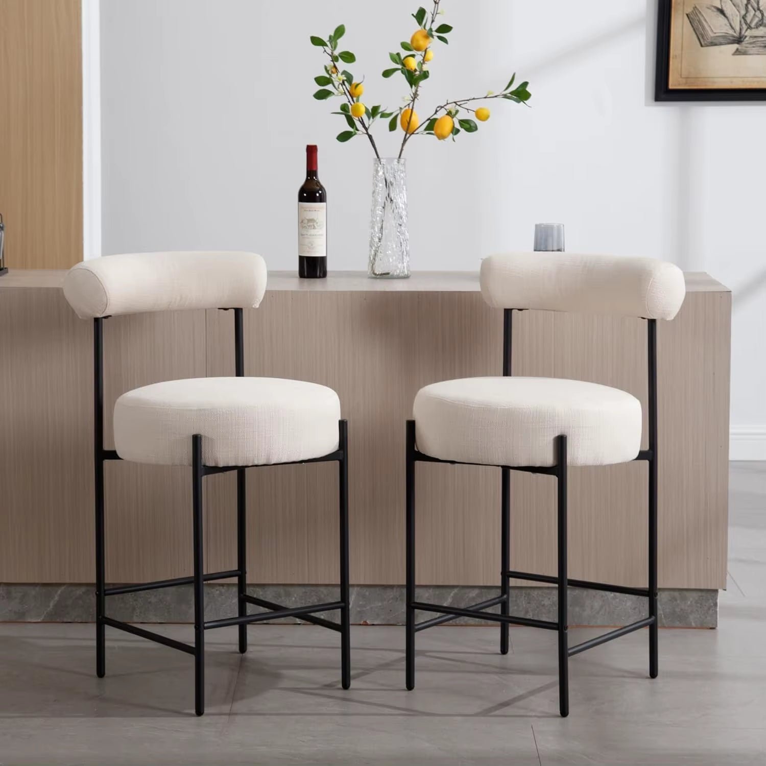Modern Sherpa Bar Stools Set of 2 with Black Metal Base